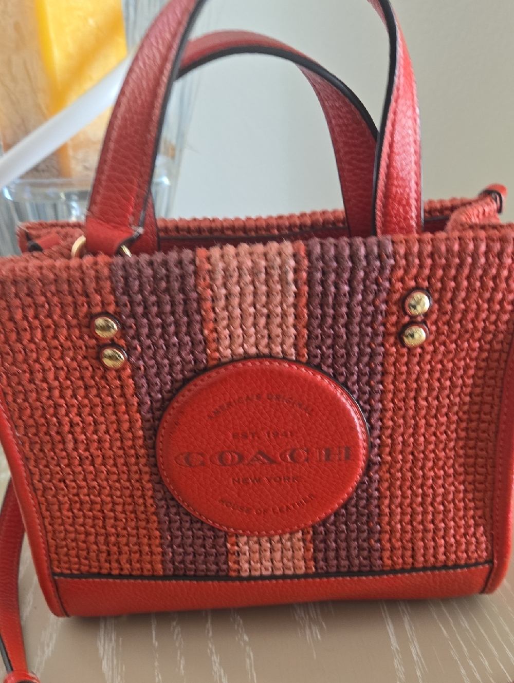 COACH Red and Pink Woven Leather-Trim Satchel